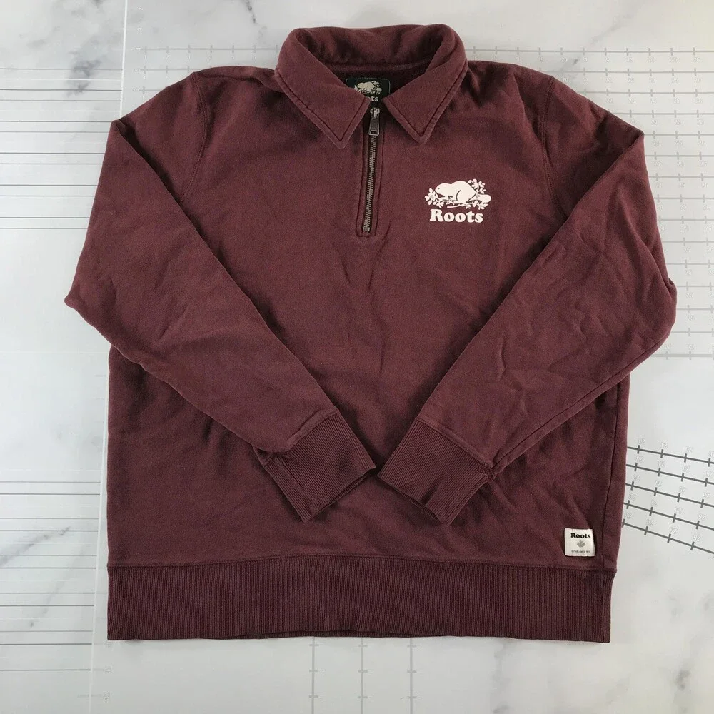 Roots Sweatshirt Mens XL Red Burgundy 1/4 Zip Fleece Beaver Logo Collared